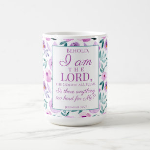 Jeremiah 32:27 with Purple Flowers Background Coffee Mug
