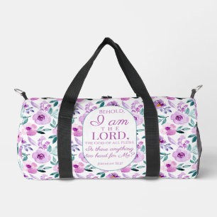 Jeremiah 32:27 with Purple Flowers Background Duffle Bag