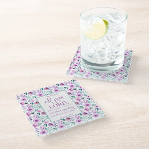 Jeremiah 32:27 with Purple Flowers Background Glass Coaster