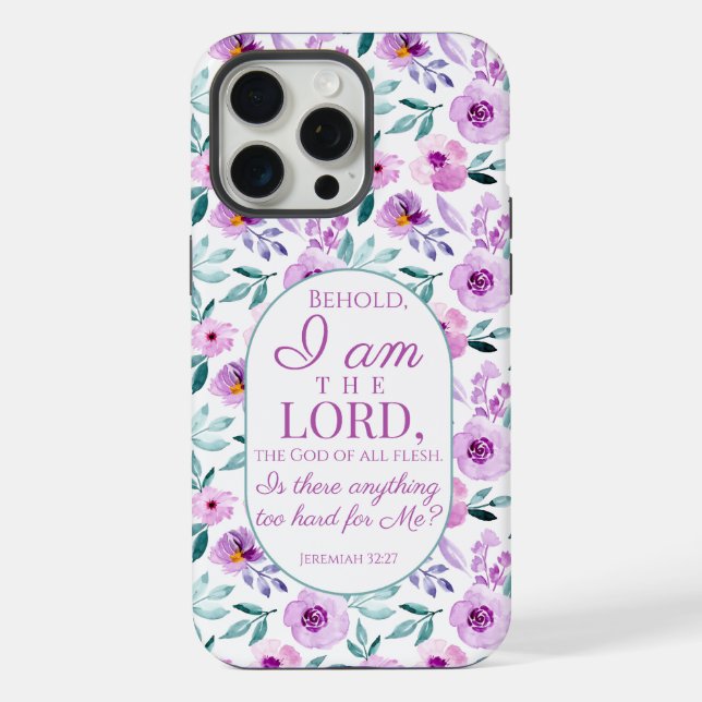 Jeremiah 32:27 with Purple Flowers Background iPhone Case (Back)