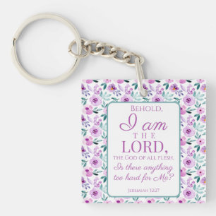 Jeremiah 32:27 with Purple Flowers Background Key Ring