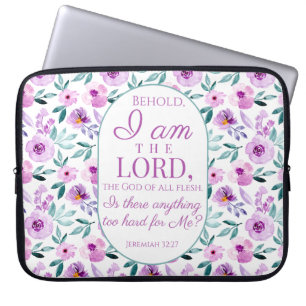Jeremiah 32:27 with Purple Flowers Background Laptop Sleeve