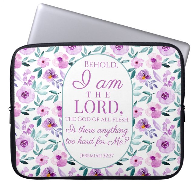 Jeremiah 32:27 with Purple Flowers Background Laptop Sleeve (Front)