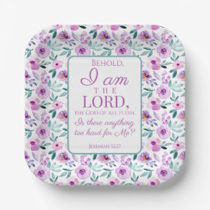Jeremiah 32:27 with Purple Flowers Background Paper Plate