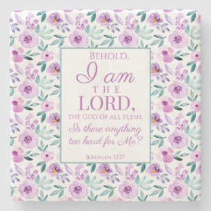 Jeremiah 32:27 with Purple Flowers Background Stone Coaster
