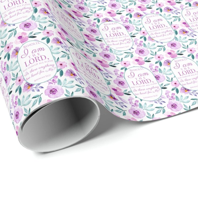 Jeremiah 32:27 with Purple Flowers Background Wrapping Paper (Roll Corner)