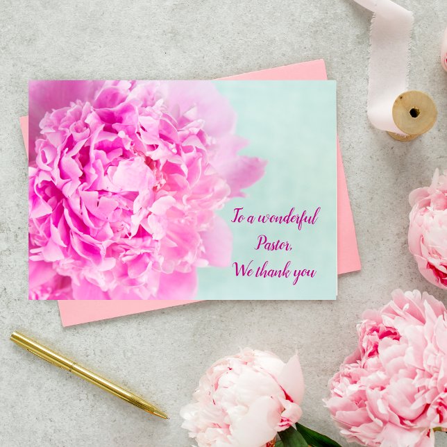 Jeremiah 3:15 Pink Peony Thank You Pastor Card (Pastor appreciation: Jeremiah 3:15 card for celebrating influence and expressing gratitude.)