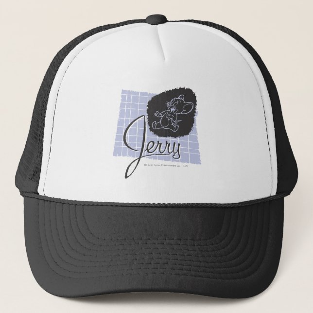 Jerry Black and Blue Script Trucker Hat (Front)