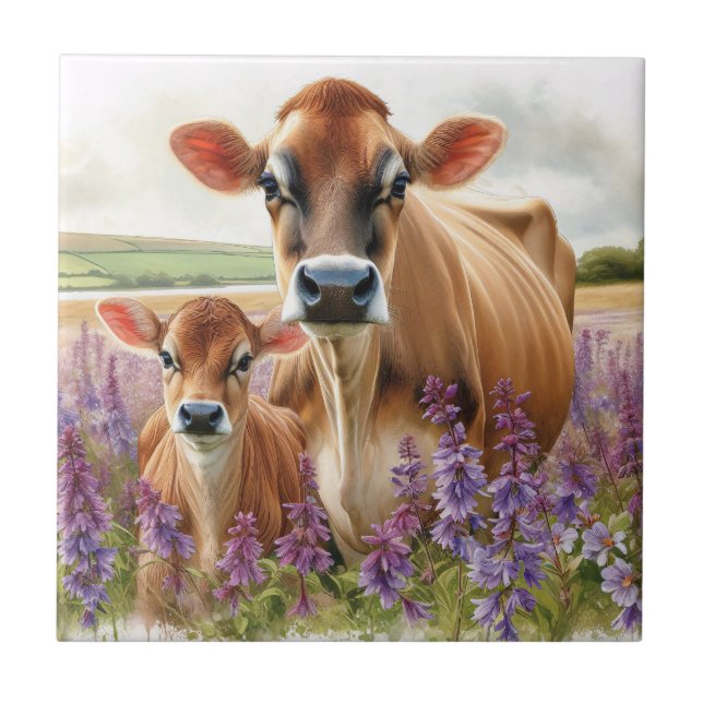Jersey Cow and Calf Wildflower Ceramic Tile (Front)