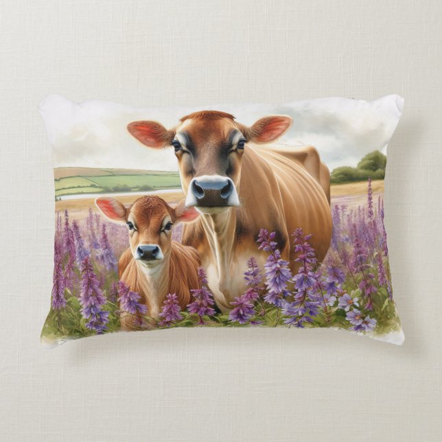 Jersey Cow and Calf Wildflower Decorative Cushion (Front)