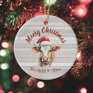 Jersey Cow, Barn Wood, "Moory Christmas"  Ceramic Ornament
