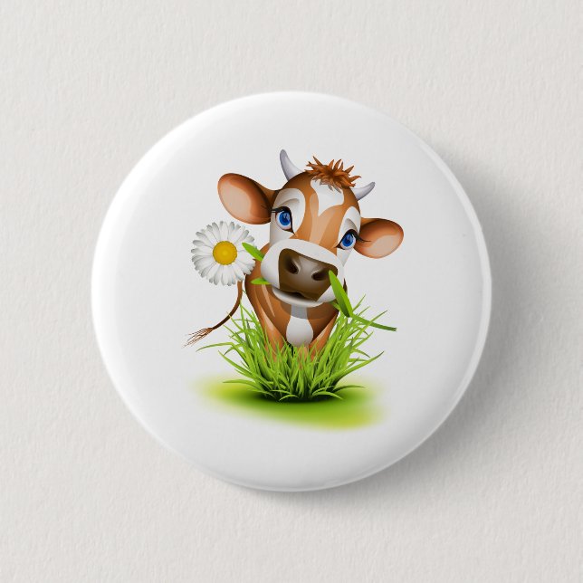 Jersey cow in grass 6 cm round badge (Front)