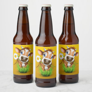 Jersey cow in grass over yellow beer bottle label