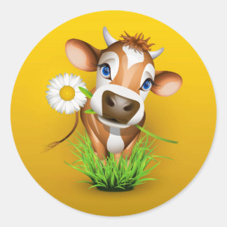 Jersey cow in grass over yellow classic round sticker