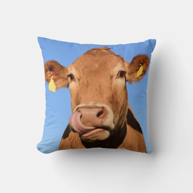 Jersey Cow Licking its Nose Cushion (Front)