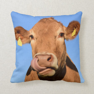 Jersey Cow Licking its Nose Cushion