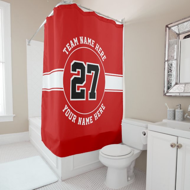 Jersey number, team and player name red and white shower curtain (In Situ)