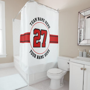 Jersey number, team, player name red black sports shower curtain