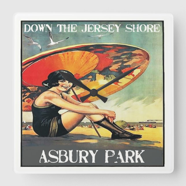 Jersey Shore Asbury Park 1920s Flapper Girl Square Wall Clock (Front)