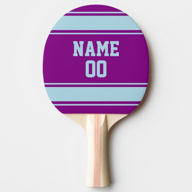 Jersey Style Purple and Light Blue Personalised Ping Pong Paddle (Front)