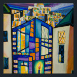Jerusalem at Night Poster<br><div class="desc">cubism painting of jerusalem with hanukkah candelabre in every doorstep or window. From all the cities of the world, Jerusalem was chosen as the capital of the Land of Israel. The Talmud relates, that when Jews would arrive in Jerusalem, they all “became united as one.” Indeed, in Psalms, it is...</div>