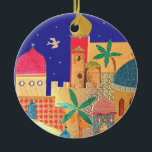Jerusalem City Colourful Art Ceramic Tree Decoration<br><div class="desc">jerusalem, "old city", islam, islamic, jewish, judaism, jew, jews, israel, colourful, multicolor, bright, muslim, domes, dome, architecture, buildings, city, town, birds, night, doves, peace, shalom, "middle east", "middle eastern", arabian, arab, arabic, gold, ancient, religious, religion, rock, judaica, judaic, mosque, biblical, bible, cityscape, landscape, art, artistic, collage, israeli, yerushalayim, temple, mount,...</div>