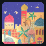 Jerusalem City Colourful Art Square Sticker<br><div class="desc">jerusalem, "old city", islam, islamic, jewish, judaism, jew, jews, israel, colourful, multicolor, bright, muslim, domes, dome, architecture, buildings, city, town, birds, night, doves, peace, shalom, "middle east", "middle eastern", arabian, arab, arabic, gold, ancient, religious, religion, rock, judaica, judaic, mosque, biblical, bible, cityscape, landscape, art, artistic, collage, israeli, yerushalayim, temple, mount,...</div>