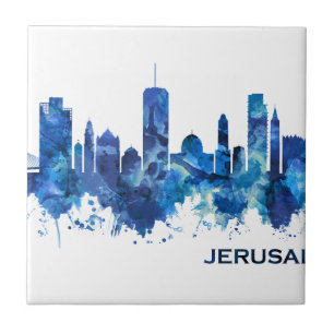 Jerusalem Israel Skyline Blue Ceramic Tile