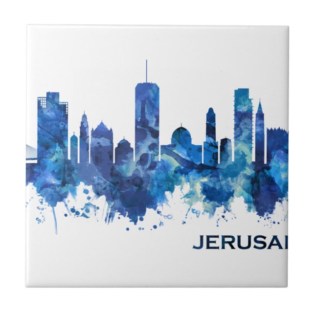 Jerusalem Israel Skyline Blue Ceramic Tile (Front)