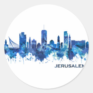 Jerusalem Israel Skyline Blue Classic Round Sticker