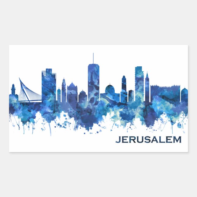 Jerusalem Israel Skyline Blue Rectangular Sticker (Front)
