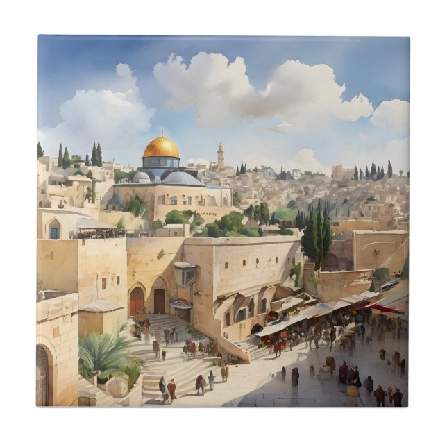 Jerusalem Israel watercolor art Ceramic Tile (Front)