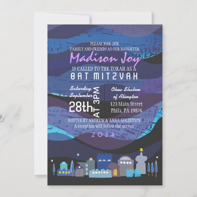 Jerusalem Musical Sky Bar Bat Mitzvah Invitation (Front)