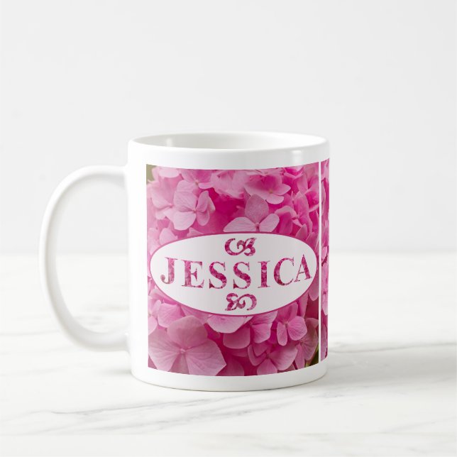 "Jessica" Elegant Pink Hydrangea Floral Lettering Coffee Mug (Left)
