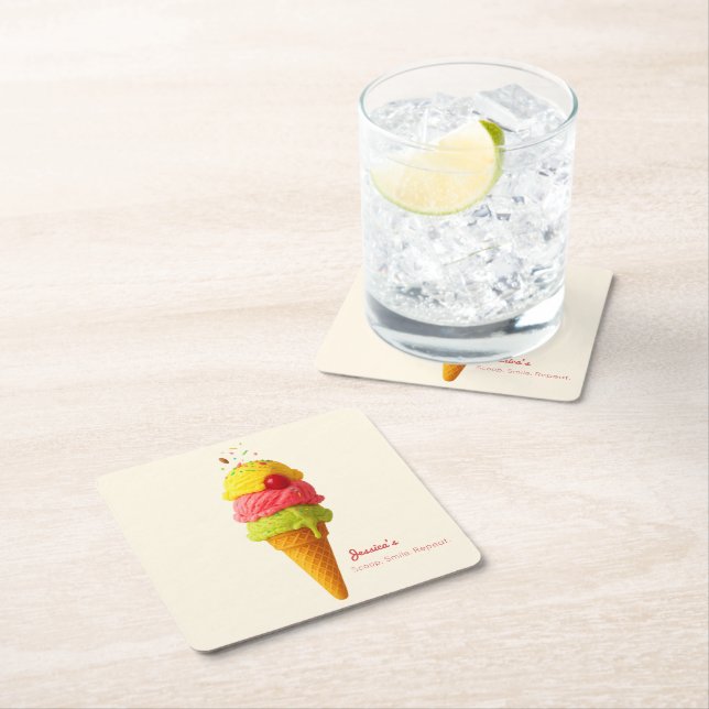 Jessica’s Scoop. Smile. Repeat. Square Paper Coaster (Insitu)