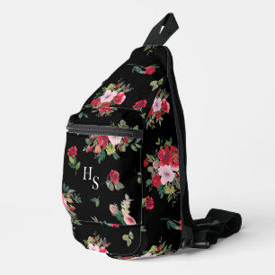 Jessica Watercolor Monogrammed Floral in Black Sling Bag