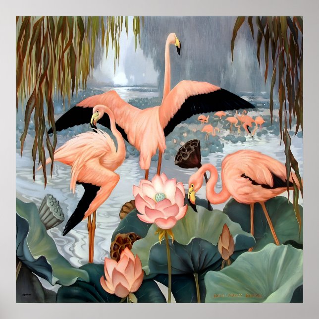 Jessie Arms Botke - Flamingos and lotus Poster (Front)