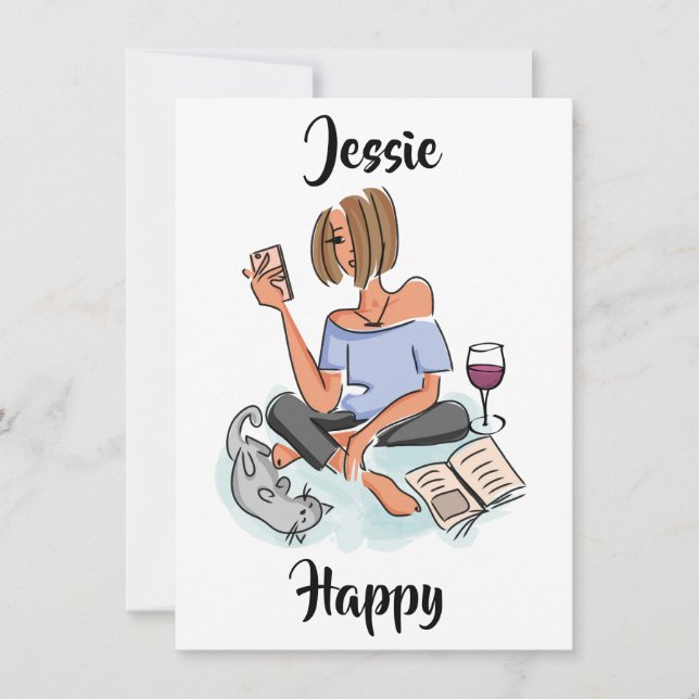 Jessie Happy with Cell, Wine and Cat Card (Front)