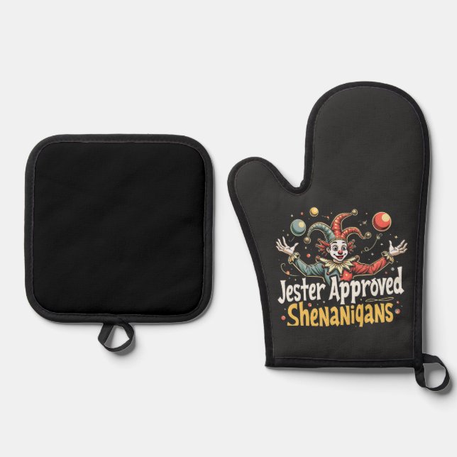 Jester Approved Shenanigans Circus Clown  Oven Mitt & Pot Holder Set (Front)