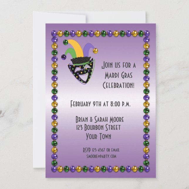Jester, Beads, Mardi Gras Party Invitation (Front)