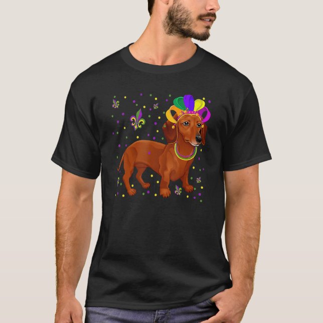 Jester Beads Mask Dachshund Dog  Owner Mardi Gras  T-Shirt (Front)