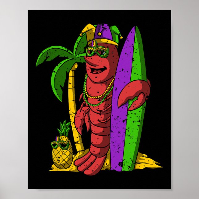 Jester Crawfish Surfer Mardi Gras Surfing Carnival Poster (Front)