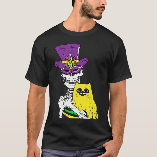 Jester Hat Skeleton Cat Mardi Gras Bones Carnival  T-Shirt (Front)
