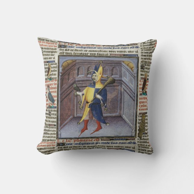 JESTER HOLDING OWL MEDIEVAL MANUSCRIPT CUSHION (Front)