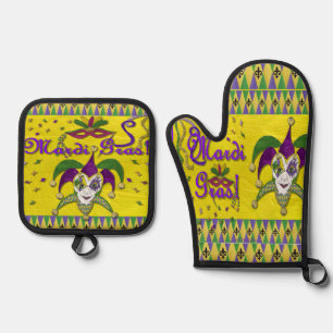 Jester Mask Mardi Gras Harlequin Oven Mitt & Pot Holder Set