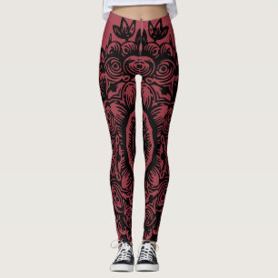 Jester Red with Black Damask Pattern Athletic Leggings