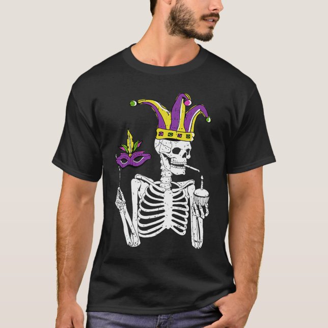 Jester Skeleton Masquerade Party Mardi Gras Mask C T-Shirt (Front)