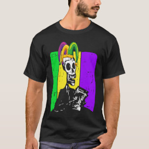 Jester Skeleton Reading Book Mardi Gras Reader Boo T-Shirt