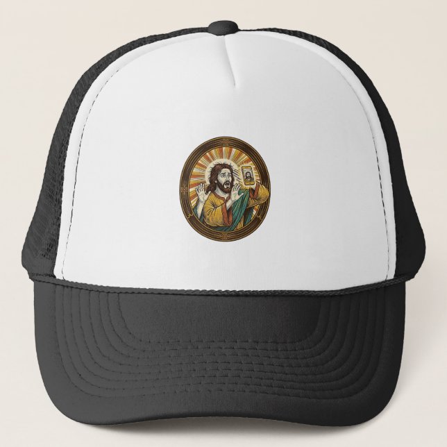 Jesus Accidental Front Camera Double Chin Selfie E Trucker Hat (Front)