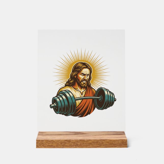 Jesus Accidentally Adding Too Much Weight Gym Fail Acrylic Sign (Front)